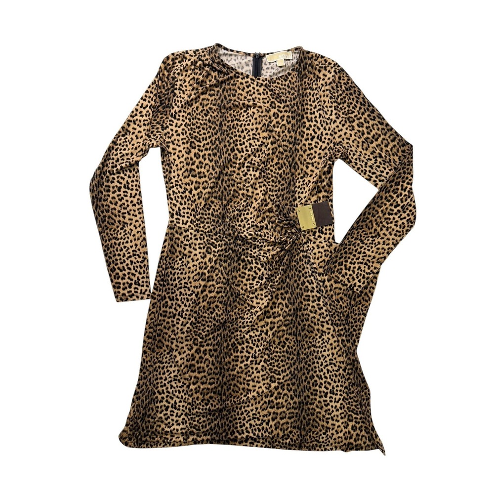 Michael Kors Womens XL Leopard Print Long Sleeve Sheath Dress Gold Logo Hardware